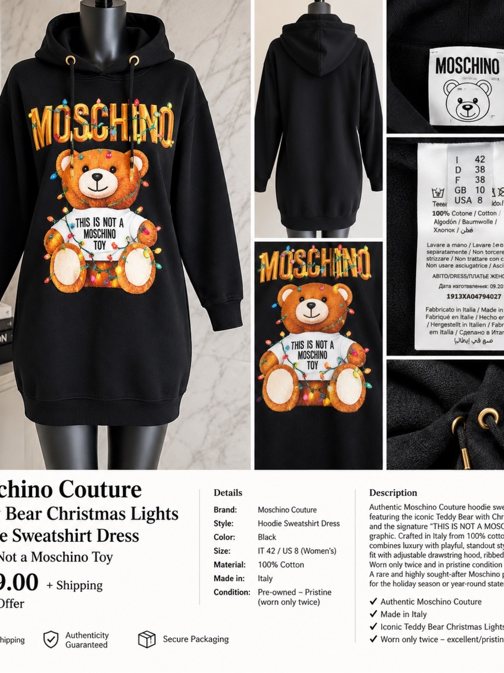 Moschino Couture Teddy Bear Christmas Lights Hoodie Dress US 8